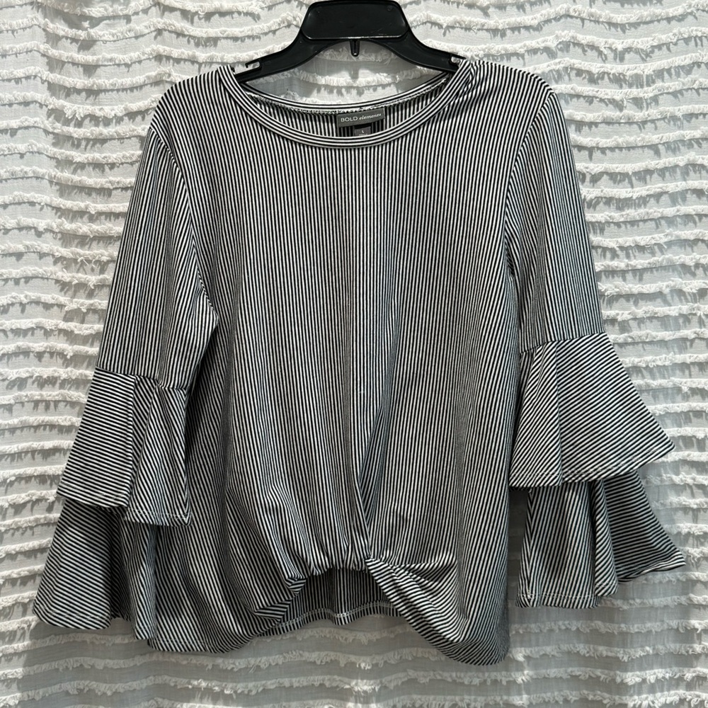 Bold Elements Black and White Striped Blouse, Flared Sleeves Tucked Front Sz L